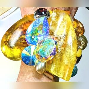 Wendy Gell Wristy Amber With A Butterfly , Swarovski Jewels In AB, Abalone Agate